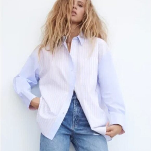 ZARA Blue and Beige Oversized Patchwork Shirt Size XS NWT - Picture 1 of 10